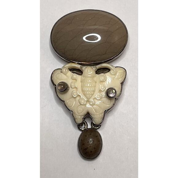 Amy Kahn Russell Carved Butterfly Pin Pendant Jasper Moonstone NEW